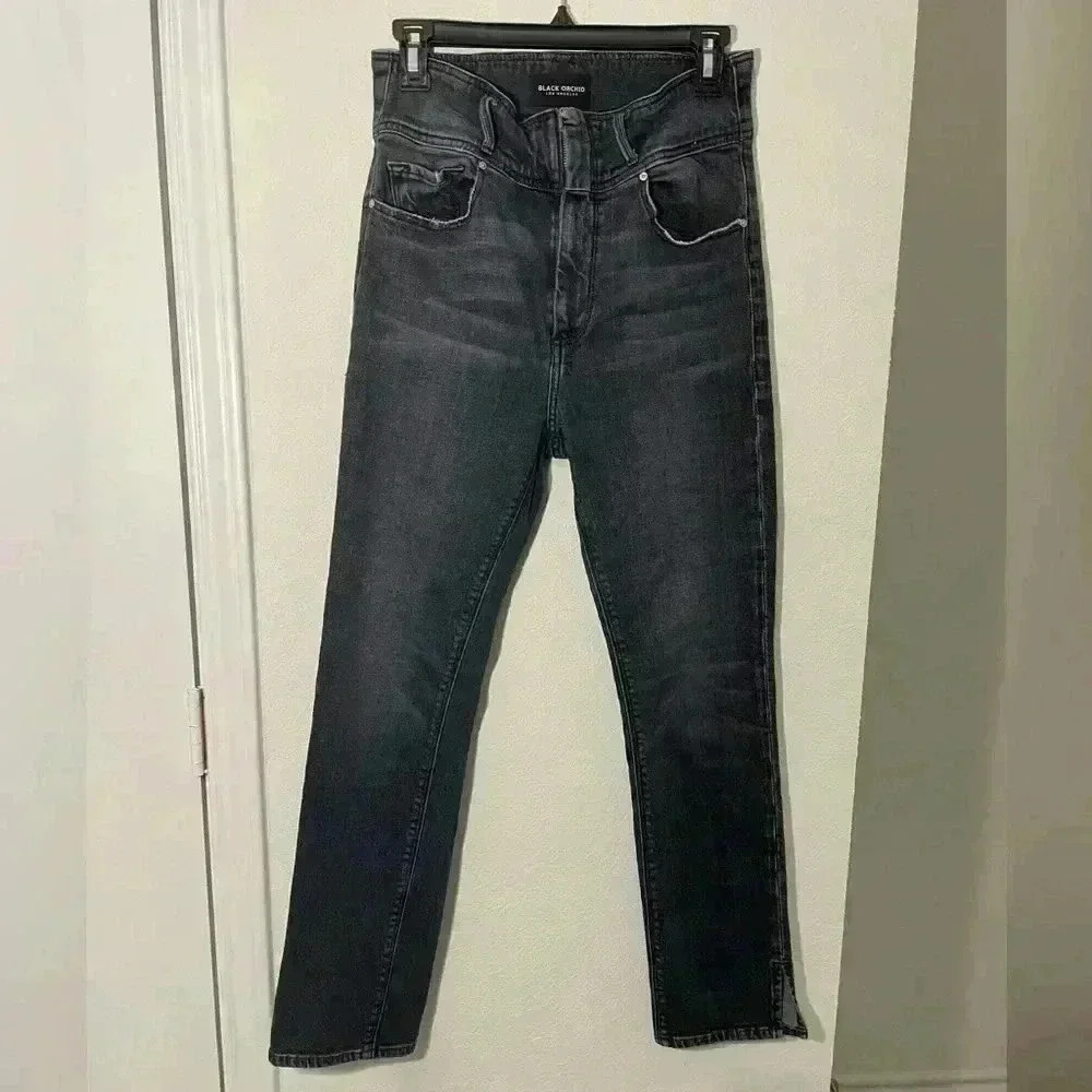 Black Orchid High Waisted Distressed Black Straight Leg Denim Jeans Size 27